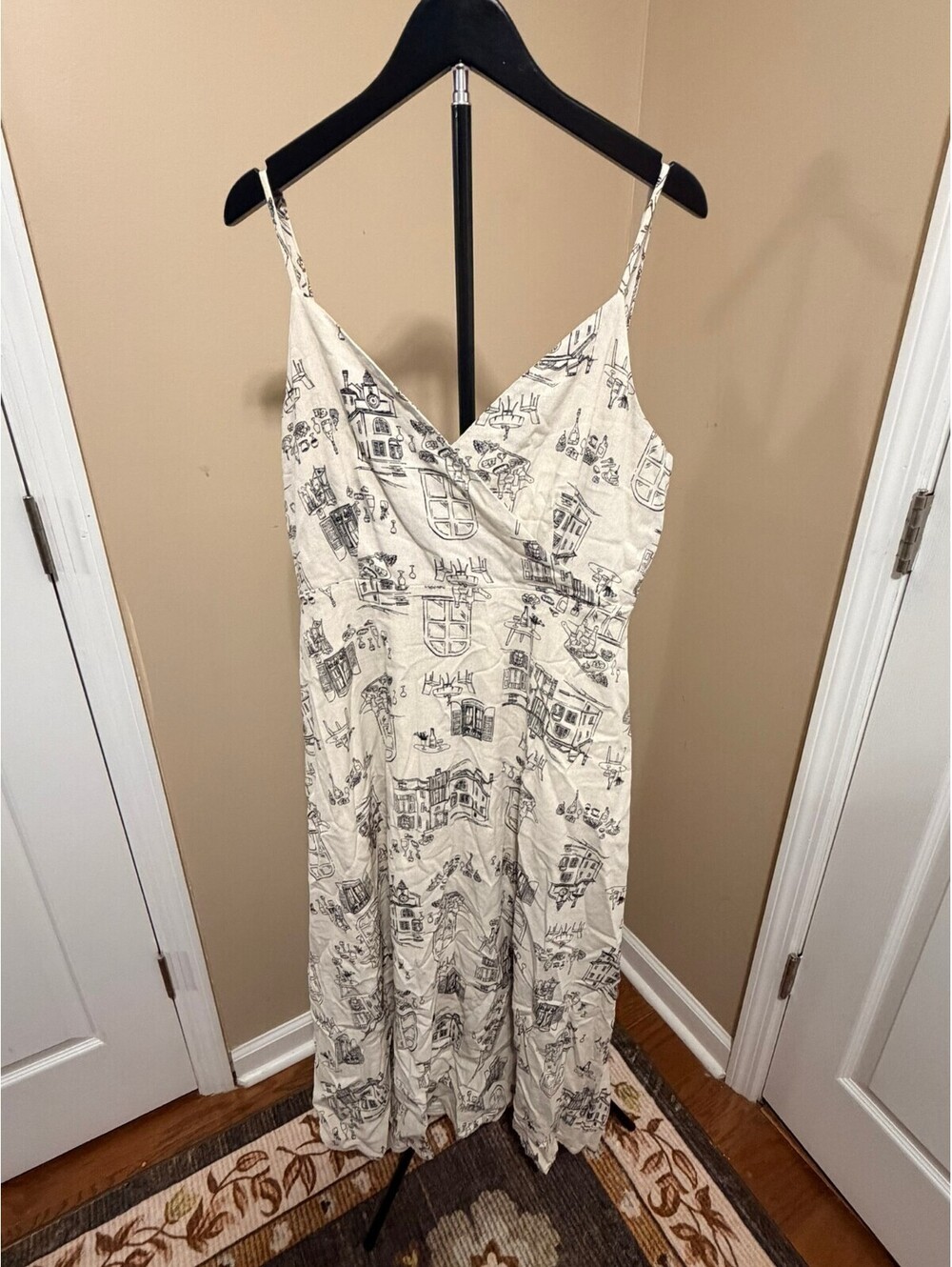 Anthropologie By The River Linen-Blend French Parisian Cafe Toile Maxi Dress L